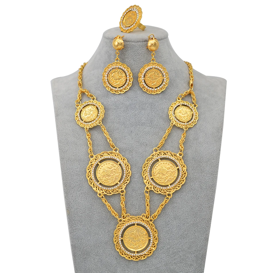 

Anniyo Coins Jewelry sets Gold Color Necklace Earrings Ring Africa Middle Eastern Turkish African Wedding Coin Ornament