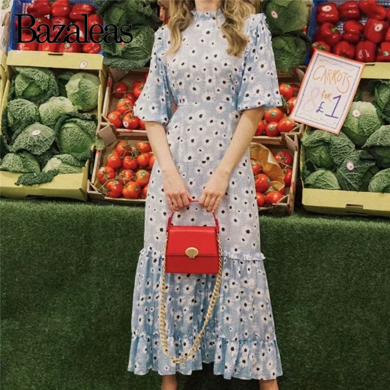 

Holiday Long Dress Blue Floral Print Ruffles women summer vestidos half Lantern Sleeve women summer Dresses