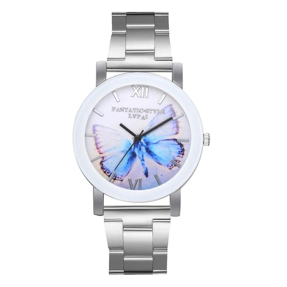 LVPAI классические модные темпераментные женские часы Топ бренд Бабочка печать циферблат нержавеющая сталь ремень часы повседневные часы подарок# S - Цвет: Серебристый