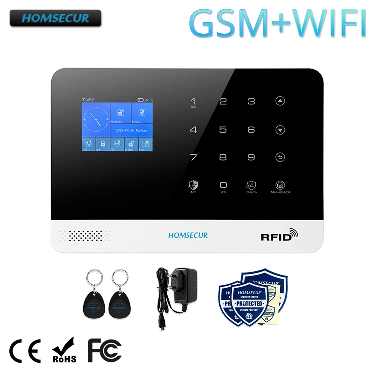 HOMSECUR DIY GSM wifi сигнализация для домашней безопасности(панель сигнализации LA02, PIR датчик, датчик двери, Вспышка Сирена, датчик дыма и т. д