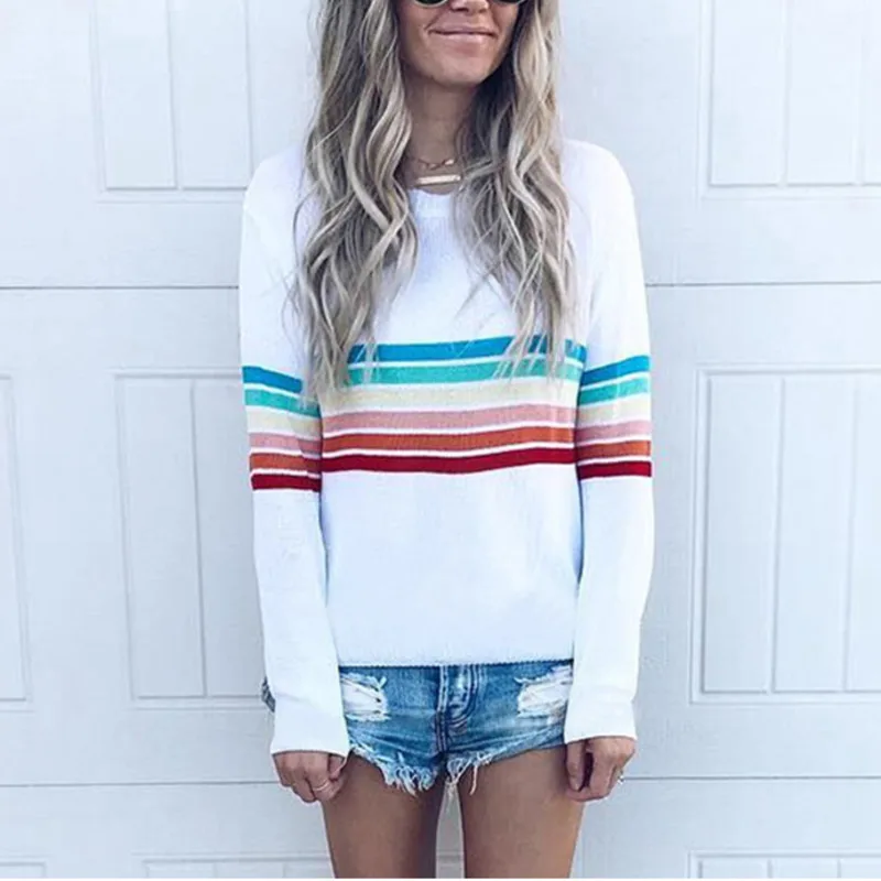 

4XL Striped Print Rainbow Sweatshirt Women's Autumn 2019 Long Sleeve Top White Hoodie Pullover Fashion O Neck Sweatshirt Female