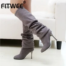 FITWEE/пикантные женские сапоги на высоком каблуке; теплая зимняя обувь до бедра; женские эластичные сапоги выше колена; модная обувь на каблуке; размеры 34-43