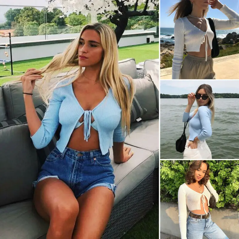 

Women Sexy Casual Summer Open Chest Pretty T-shirt Navel Long Sleeve Slim Top