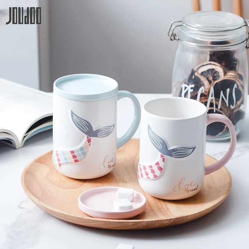 

JOUDOO Europe Ceramic Coffee Mug With Lid Special Emboss Mermaid Tail Cup Ins Office Home Tea Water Couple Drinkware Wholesale35