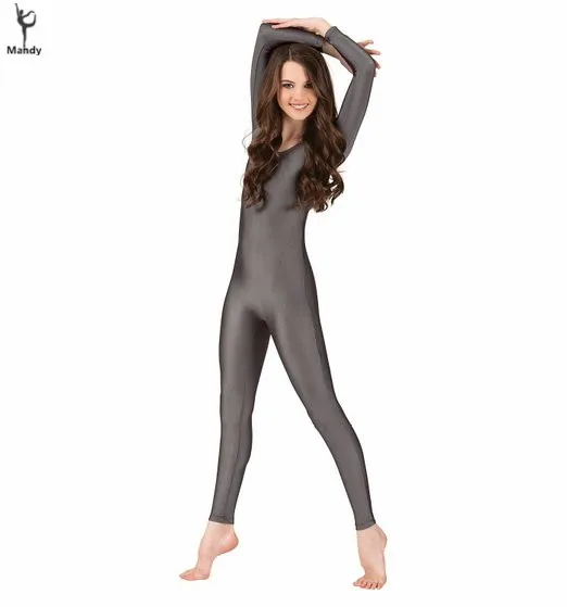 Grey Basic Nylon Scoop Neck Womens Long Sleeve Unitards Footless Spandex  Dance Unitard Costume Gymnastics Ladies Bodysuits