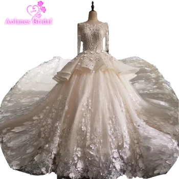 شراءالزهور الصناعية عالية الجودة أحدث تصاميم ثوب زفاف 2018 خمر الدانتيل قطار فاخر تول زي العرائس Vestido De Noiva