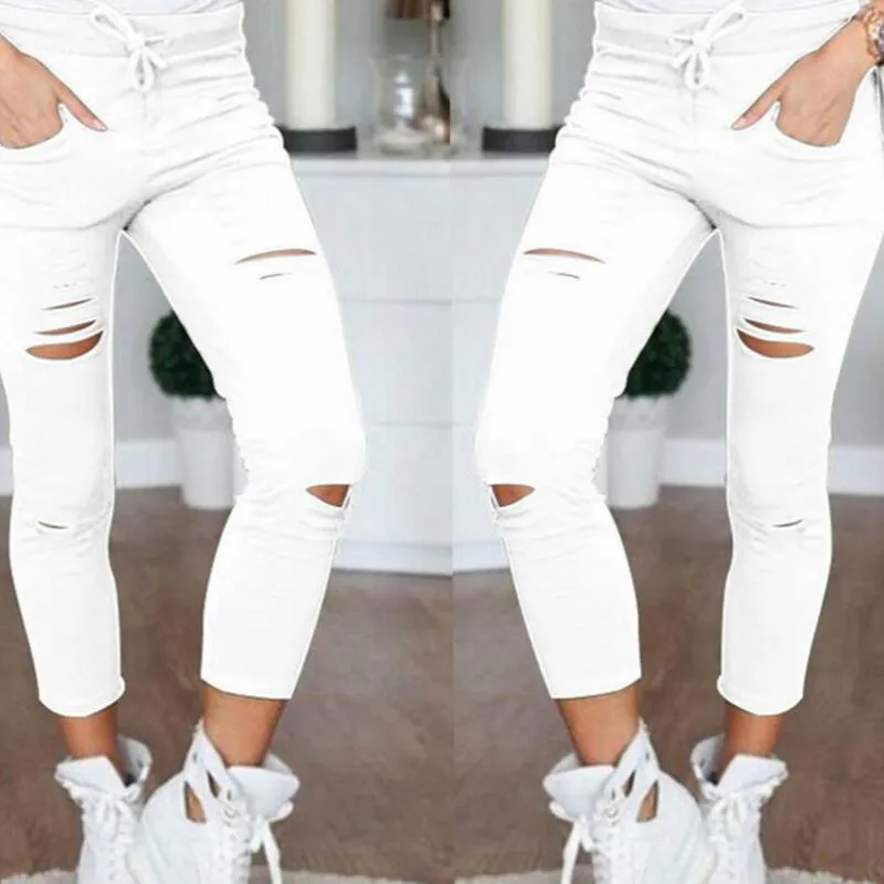 New 2018 Skinny Jeans Women Denim Pants Holes Destroyed Knee Pencil Pants Casual Trousers Black White Stretch Ripped Jeans Jeans
