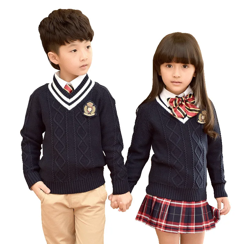 Детская школьная форма новая осенне-зимняя одежда Школьный костюм-Униформа клетчатая юбка кардиган свитер школьная форма От 3 до 10 лет - Цвет: Синий