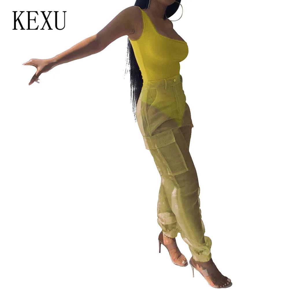 KEXU Rompers Women Fashion Organza Jumpsuits Casual Two Pieces Set Sleeveless Top and See Through Mesh Pants Ladies Playsuits KEXU Rompers Women Fashion Organza Jumpsuits Casual Two Pieces Set Sleeveless Top and See Through Mesh Pants Ladies Playsuits
