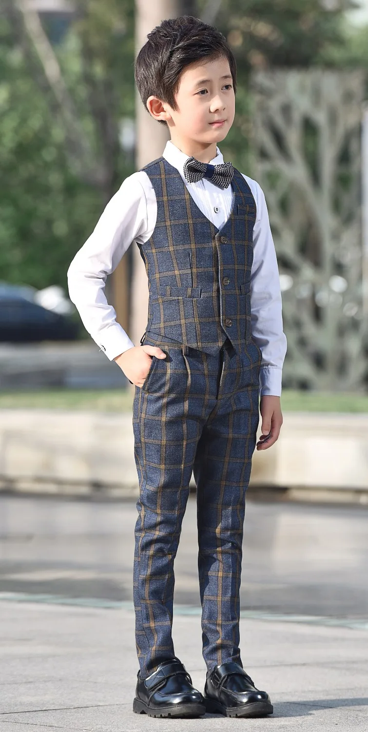 5 шт. в клетку для мальчиков костюмы Slim Fit подносителя колец костюм деловой
