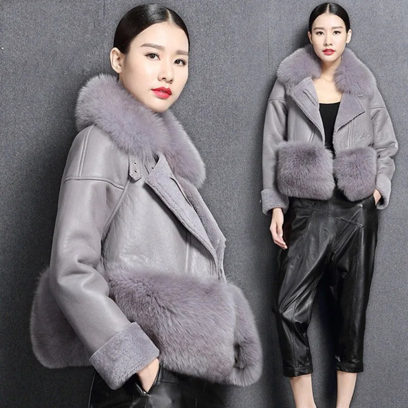 

Russia Winter Ladies Real Fur Coat Women With Natural Fox Fur Collar Genuine Sheepskin Jacket Shearling Lamb Fur Inside Fox Fur
