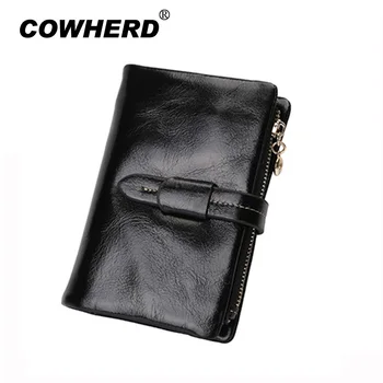 

100% Cowhide Genuine Oil Wax Leather Women Wallet Three-fold Purse Short Design Fashion Vintage Coin Wallets Bag 1029