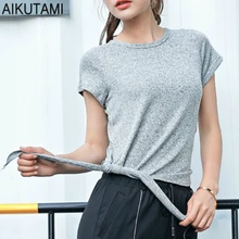 Бандажная дизайнерская футболка женская одежда для фитнеса Летняя женская футболка s топы фитнес быстросохнущая Йога Топ Спортивная тренировка рубашка для бега