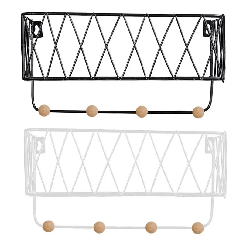 

New Nordic Style Wrought Iron Grid Wall Mounted Shelf Home Wall Mounted Storage Rack Hook Shelf Hot Selling Storage Rack