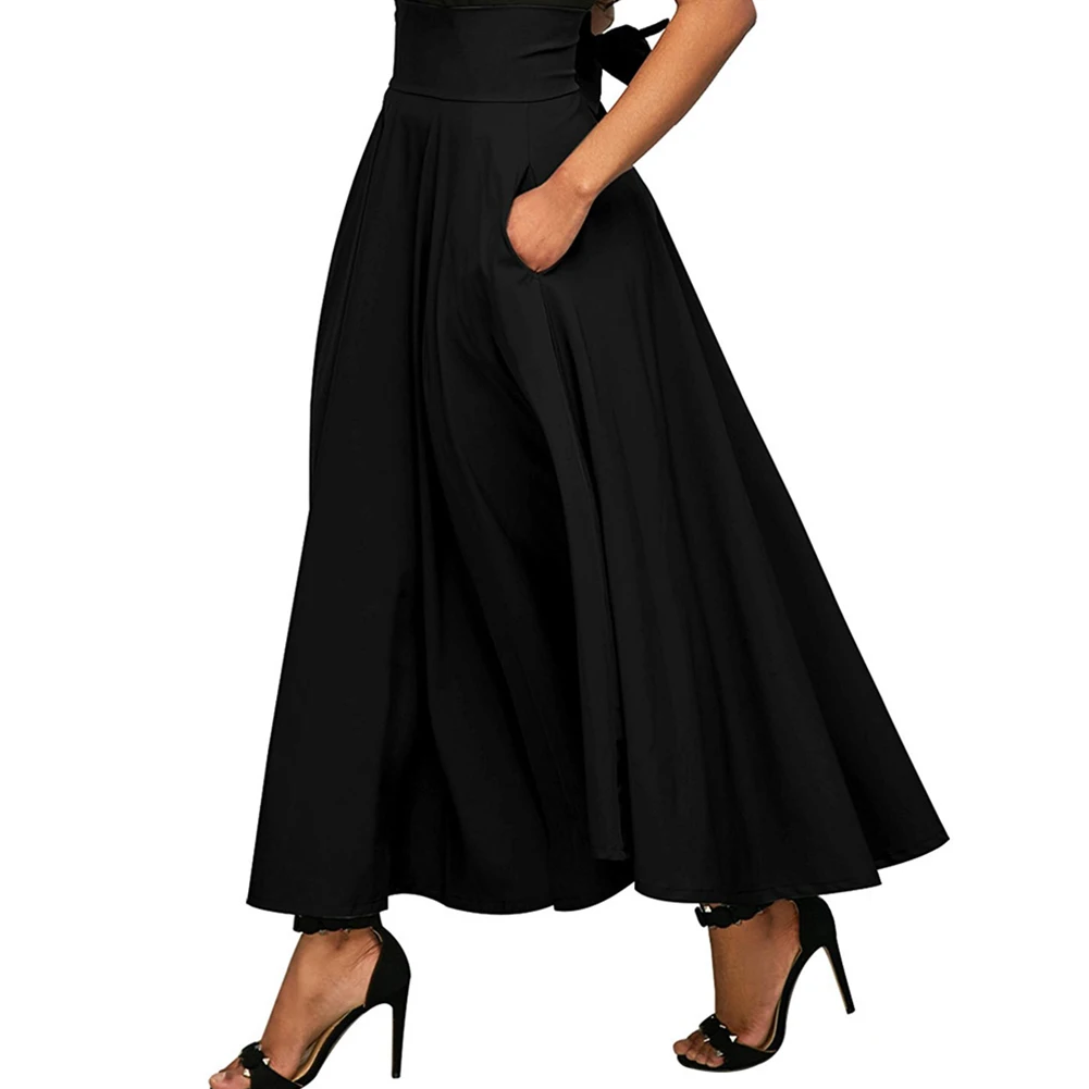 Винтажная Женская плиссированная юбка трапециевидной формы с поясом на молнии, Однотонная юбка с широким поясом и двойным карманом на шнуровке