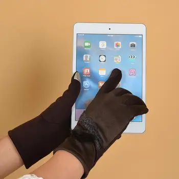 

Women's Autumn Winter Lace Floral Plush Ball Touch Screen Mitten Warm Gloves Wholesale