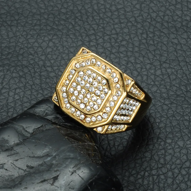 

HIP Hop Titanium Stainless Steel Micro Pave Rhinestone Iced Out Bling Hexagonal Ring IP Gold Filled Rings for Men Jewelry