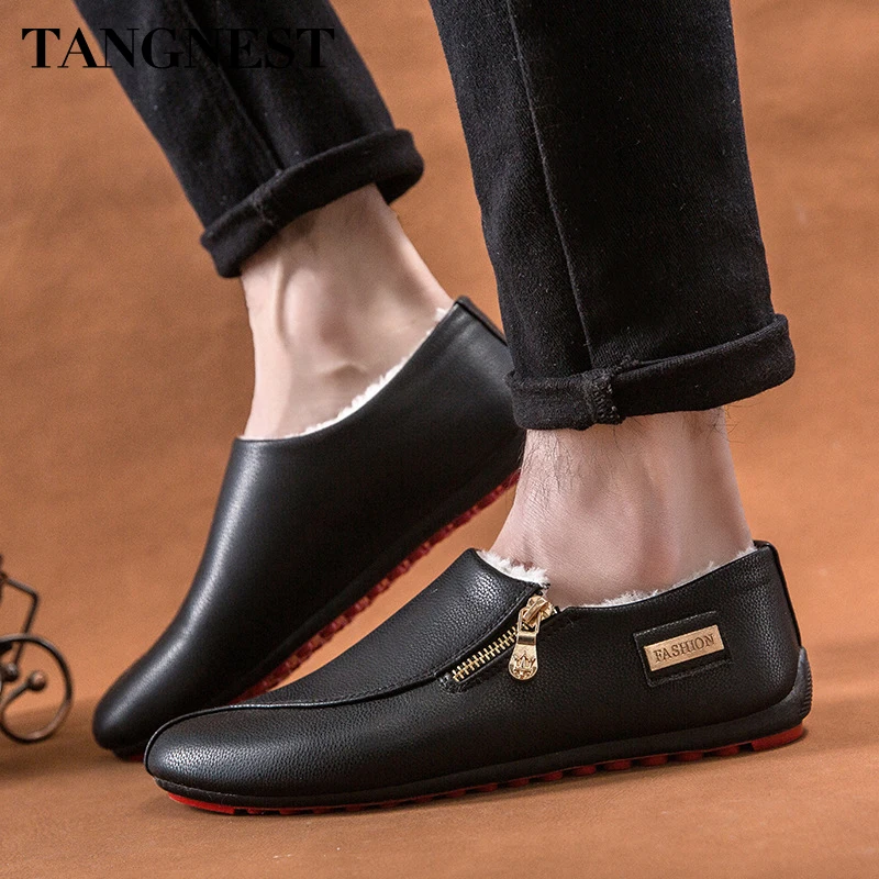 

Tangnest Winter Men Loafers Man Short Plush Fashion Shoes Slip On Men Flats Shoes Comfortable Solid Footwear 39-46 XMR3011