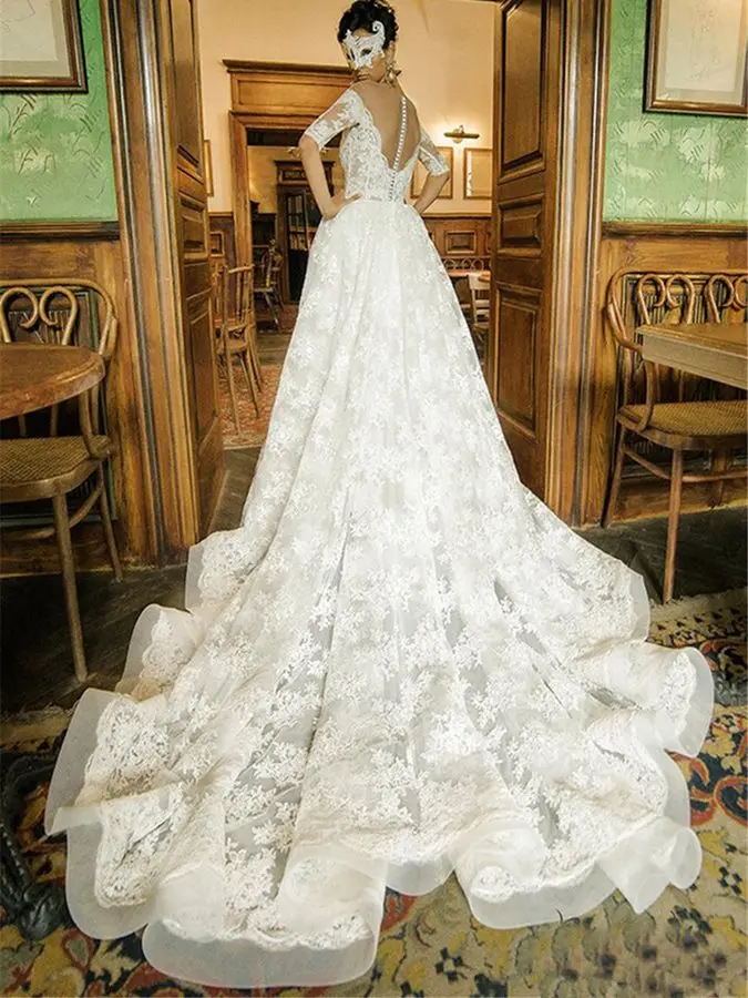 

Illusion Neck Half Sleeves Button Church Wedding Dress 2019 Vintage Bridal Gown A line Lace Reception Bridal Dresses Custom Made