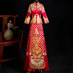 Винтаж китайский воротник Qipao плиссированные традиционные женские Cheongsam Suhzou вышивка Свадебный вечерний костюм