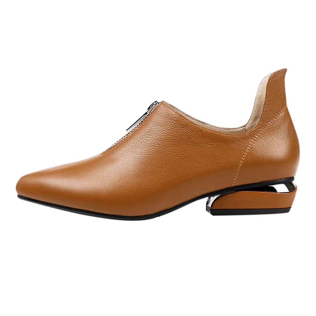 

Jaycosin Shoes Women Fashion Shoes Solid Low Heels Pointed Toe Zipper Square Heels Leather Shoes