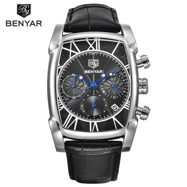 Топ люксовый бренд мужские s часы BENYAR кварцевые Бизнес наручные часы мужские модные спортивные водонепроницаемые хронограф Relogio Masculino - Цвет: Silver black