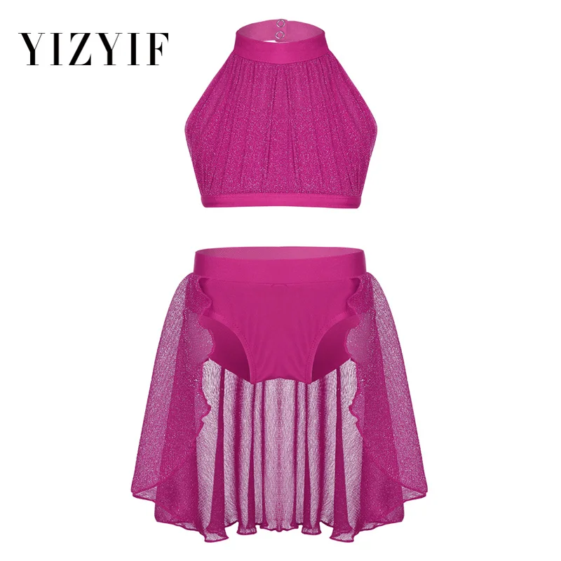 

YiZYiF Girls Dress Ballet Dance Wear Sleeveless Mock Neck Crop Top with Bottoms Set for Celebration Spirit Praise Lyrical Dance