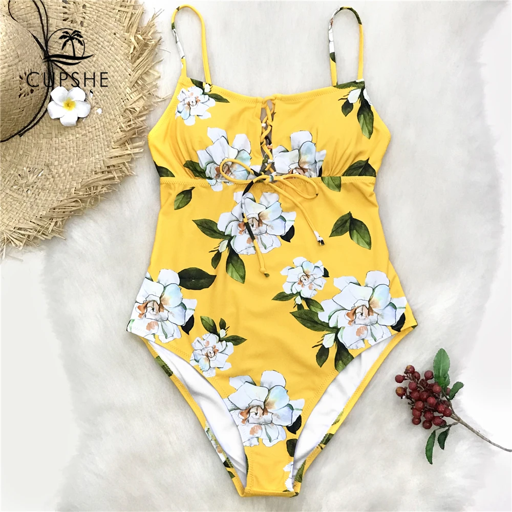 Online CUPSHE Gelb Floral Print einteiliges Badeanzug Frauen Lace Up Einstellbare Monokini Badeanzüge 2020 Mädchen Boho Bademode