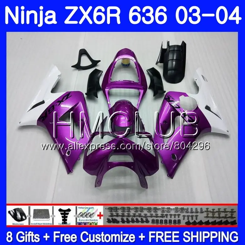 Корпус для KAWASAKI NINJA ZX600 ZX636 ZX-6R 03 04 ZX-636 фиолетовый белый 18HM. 22 ZX 636 6 R 600CC ZX6R 03 04 ZX 6R 2003 2004 обтекателя