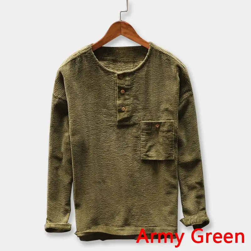 Мужская рубашка размера плюс S-4XL, Вельветовая Повседневная рубашка с длинным рукавом, Свободный пуловер с вырезом лодочкой, Мужская футболка, осенняя мужская одежда - Цвет: Army Green