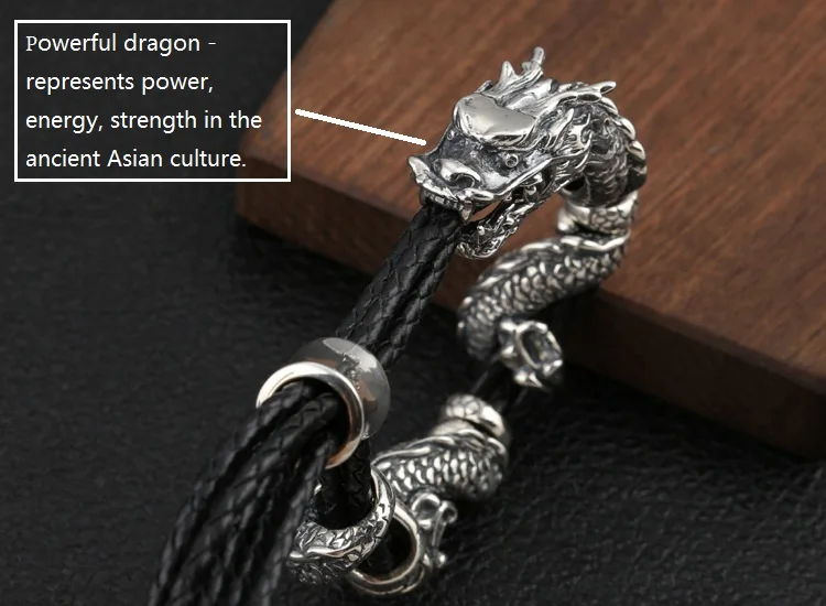Ручной работы Таиланд 925 Siilver дракон браслет настоящий кожаный браслет винтажный Стерлинговый серебряный мужской браслет