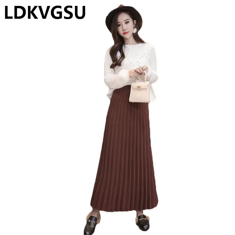 Осень Зима Новая женская трикотажная однотонная плиссированная юбка длинная большая свободная юбка женская утолщенная вязаная юбка с эластичной резинкой на талии Is1336