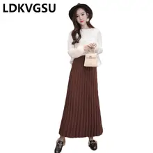 Осень Зима Новая женская трикотажная однотонная плиссированная юбка длинная большая свободная юбка женская утолщенная вязаная юбка с эластичной резинкой на талии Is1336