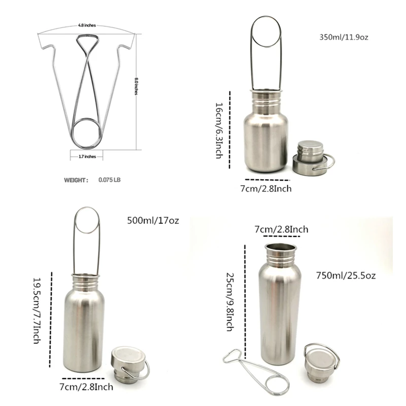 Bushcraft Water Bottle 350/500/750ml with Hook Stainless Steel Flask Wide Mouth Jar Leak-Proof for Camping Picnic Hiking