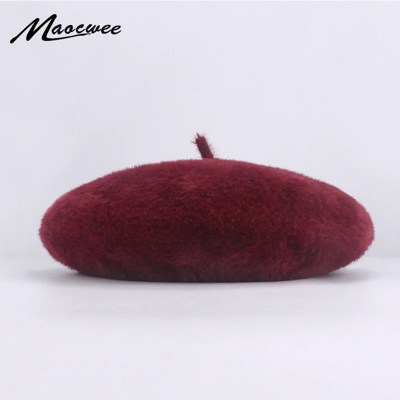 

Female Raccoon Fur Beret Hat Warm Soft Spring Autumn British Vintage Style Knit Newsboy Cap Casual Solid Color Women Mink Hat