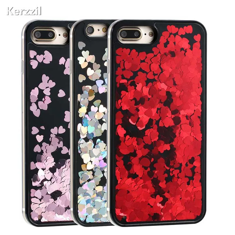 Kerzzil Glitter Liquid Quicksand Phone Case For iPhone 7 8 Plus Shiny Love Heart Sequin Cases 6 6s Hard Back | Мобильные телефоны и