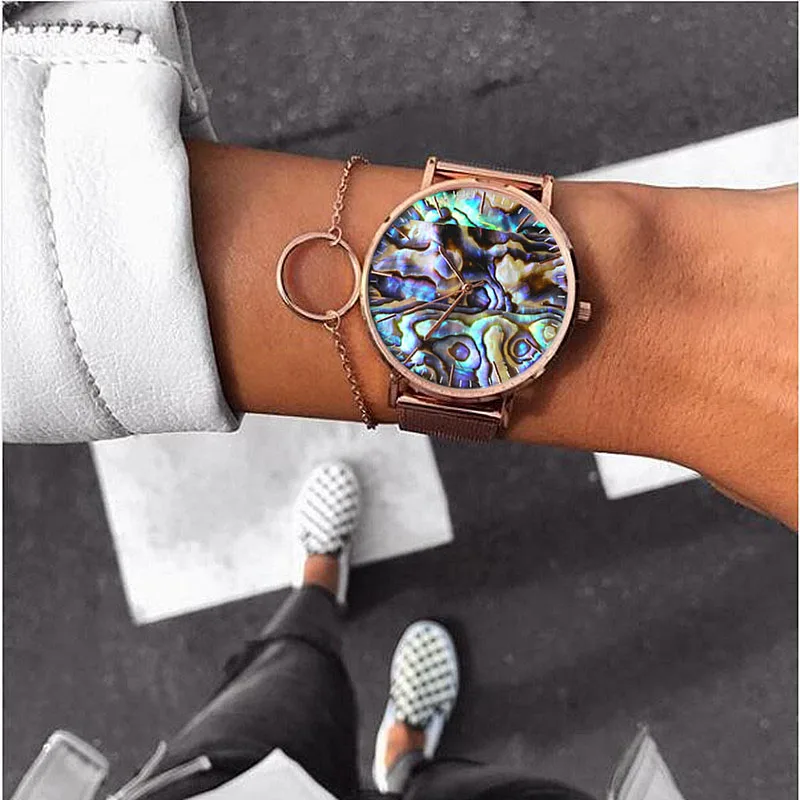 Mavis Hare Real Abalone часы из розового золота с сеткой, серия океана, женские наручные часы с цепочкой в виде звезды, двухслойный браслет на Рождество - Цвет: watches set 9