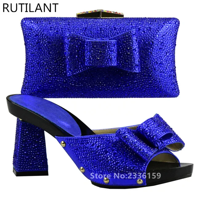 Matching Shoes and Bag Set Decorated with Rhinestone Royal Blue Shoes