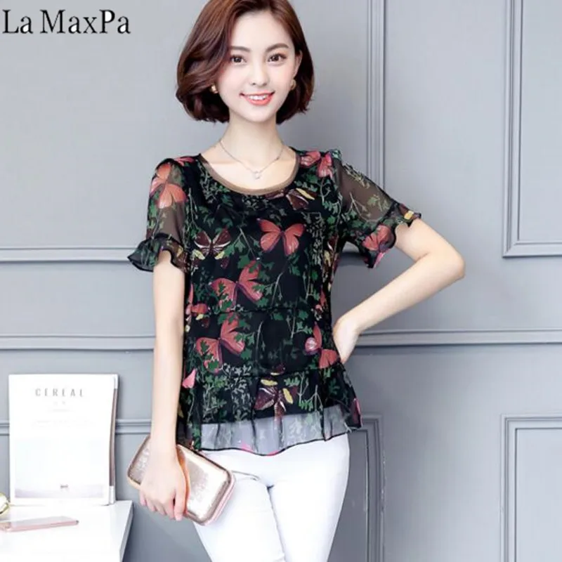 

2019 Summer 5XL Plus size short sleeve O Neck Butterfly Print Chiffon Blouses Women Big Size Loose Print Chiffon Shirts Tops