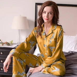 Image 2 - Fashion Genuine Silk Womens Pajamas Zebra Printed Long Sleeve Pyjama Long Pants Sets 100% Silkworm Silk Sleepwear Female T8143