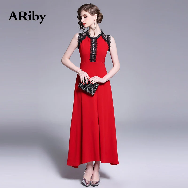 

ARiby women dress Elegant lace Red long maxi Dress 2019 new summer fashion Lady patchwork A-Line Sleeveless Slim dress