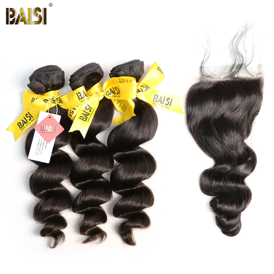

BAISI Hair Unprocessed Malaysian Virgin Hair Loose Wave 3 Bundles with Closure 100% Human Hair