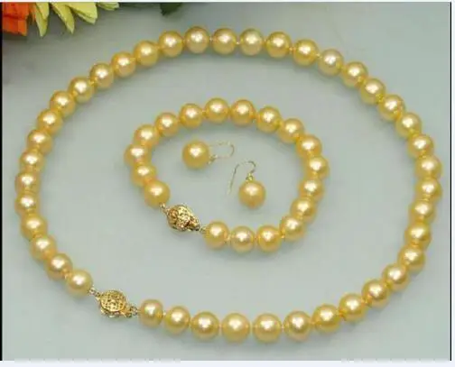 

REAL HOT AAA+10-9MM SOUTH SEA YELLOW PEARL NECKLACE BRACELET EARRING 14k/20 GOLD