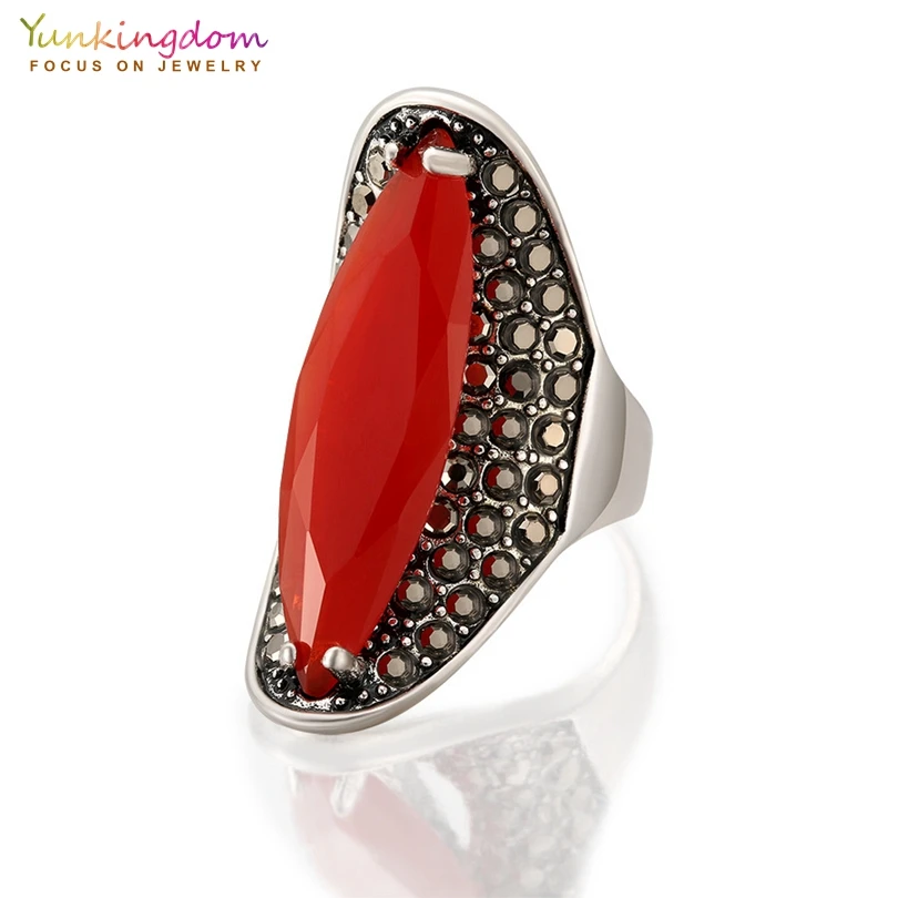 Yunkingdom Ethnic Jewelry Antique Silver Color Geometric Resin Rings for Women Girls Pretty Rings 4 Colors