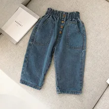 Детские джинсы в Корейском стиле; повседневные детские джинсы с эластичной резинкой на талии; сезон весна-осень; модные брюки с большими карманами для девочек; брюки для девочек