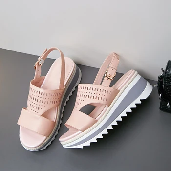 

Women's genuine leather wedge platform sandals brand designer hold breathable summer leisure comfortable sandalias shoes white
