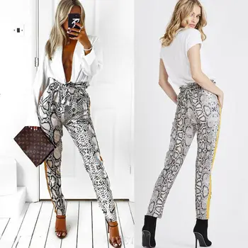 

Women Casual Elastic Leopard Printed High Waist Pants Summer Cool Silk Satin Long Pencil Pants Jogger Sport Pant Slacks Trouser