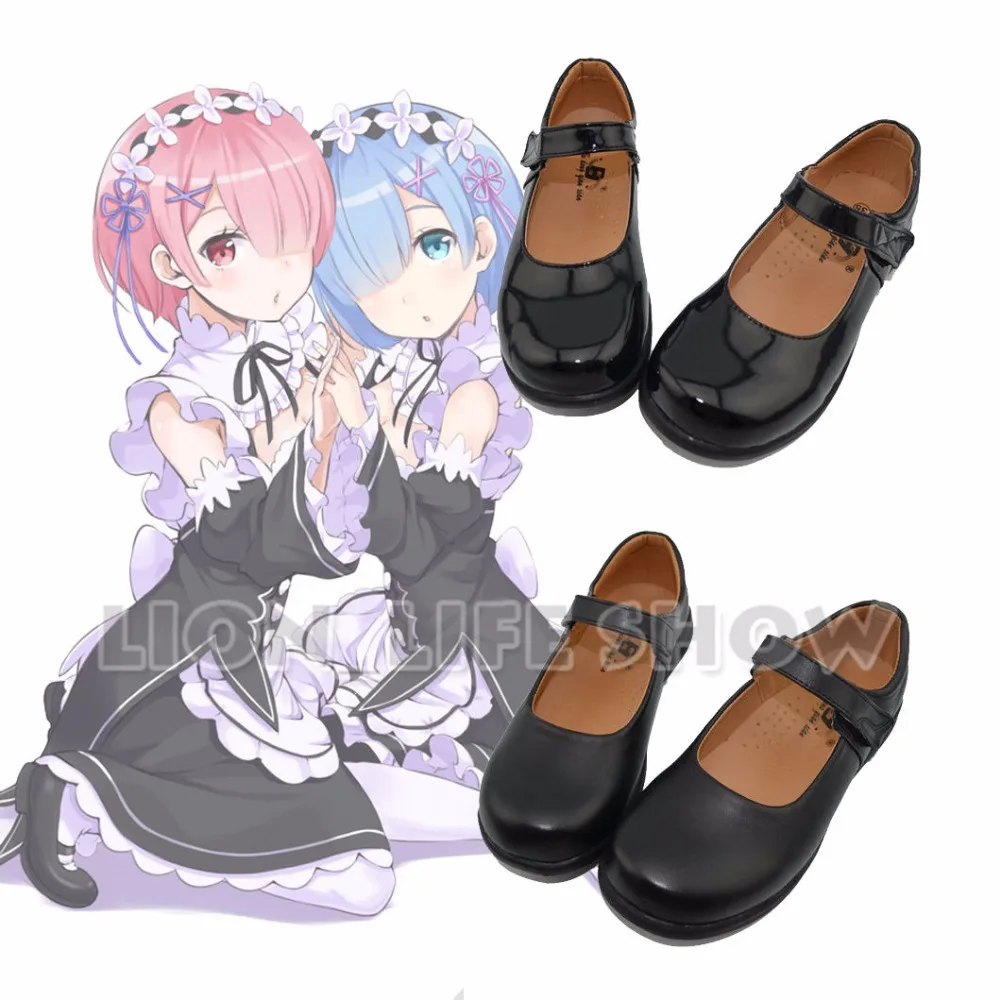 Re:Zero kara Hajimeru Isekai Seikatsu Ram Rem Kasugano Sora Women Maid Black Leather Flat Low Heel Shoes Cosplay