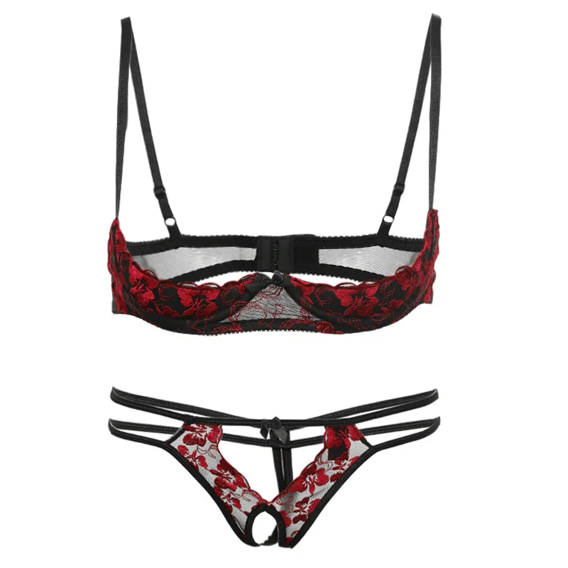 

Woman Open Crotch Panties Thin Cup Flower Set Lenceria Encaje Red Embroidery Lace Bra Panty Lingerie Set Sexy Underwear