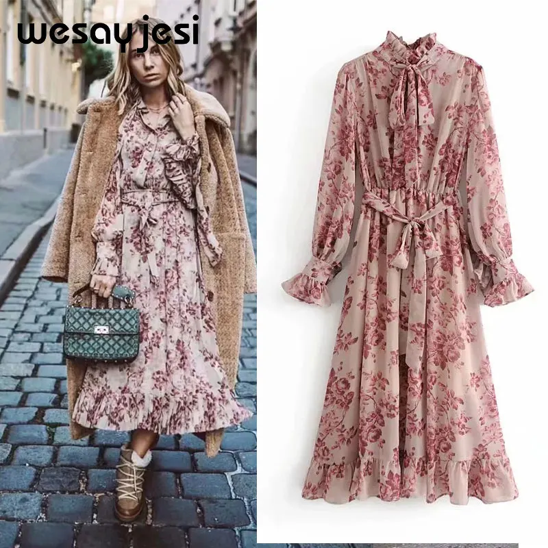 2019 vestidos الأنثوية اللباس انكلترا نمط الكشكشة طباعة الأزهار القوس منتظم vestidos دي فييستا حزب اللباس النساء الشارع الشهير